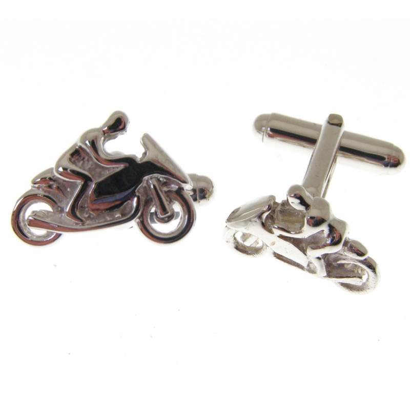 a pair of top quality english made sterling silver cufflinks with a racing motor cycle theme.