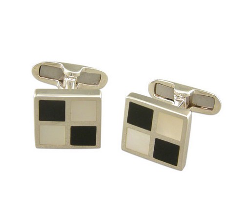 silver cufflinks with mother of pearl and onyx chequered pattern