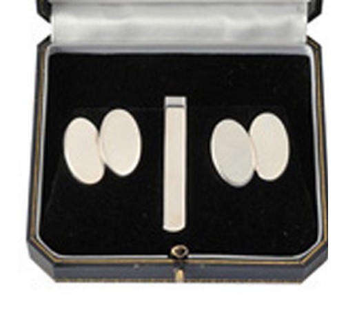 oval silver cufflinks and tie slide set