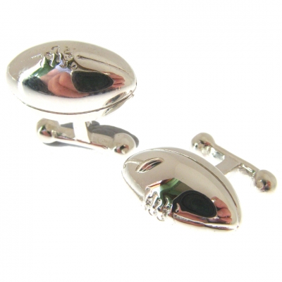 silver cufflinks with a rugby ball theme