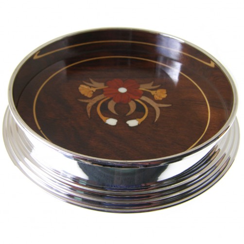 large silver plated wine coaster with inlaid rosewood base 140mm diameter