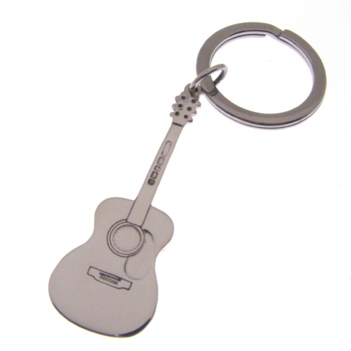 silver key ring with an acoustic guitar theme