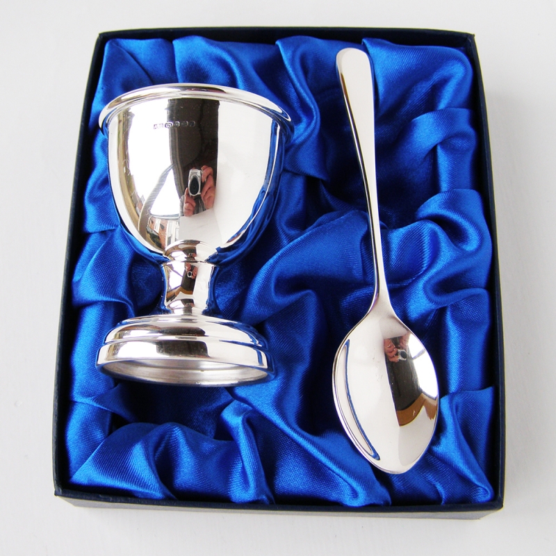 Sterling Hallmarked Silver Egg Cup and Spoon Christening Set