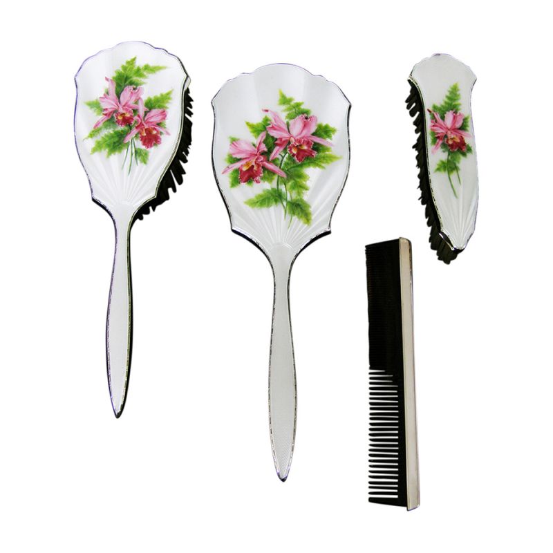 Sterling Silver Ladies Gilloche Enamel Dressing Table Set