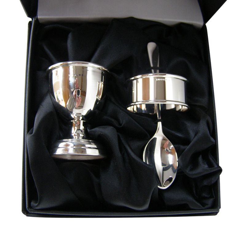 Sterling Silver Egg Cup Spoon & Napkin Ring Christening Set