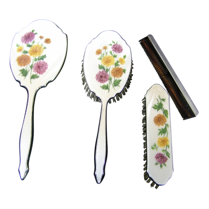 sterling silver gilloche enamel ladies dressing table set