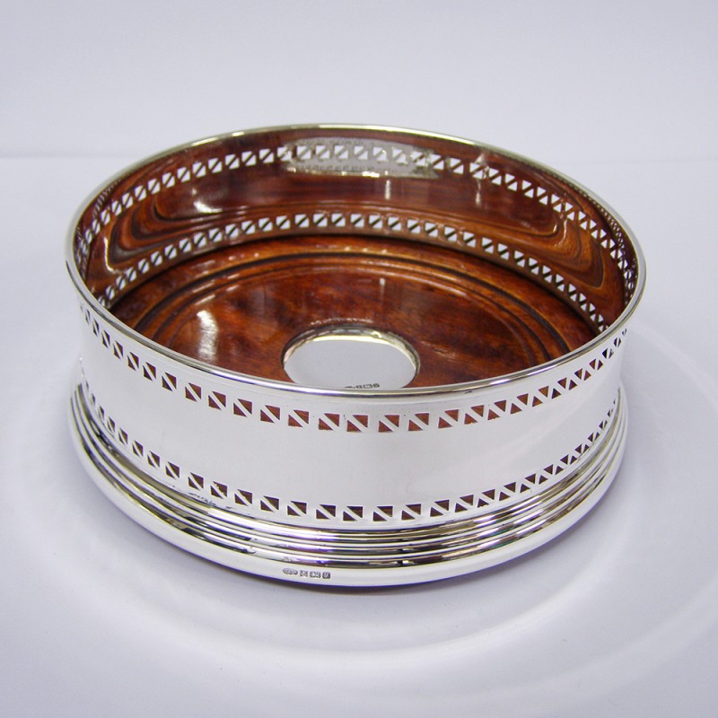 hallmarked sterling silver pierced design bottle coaster