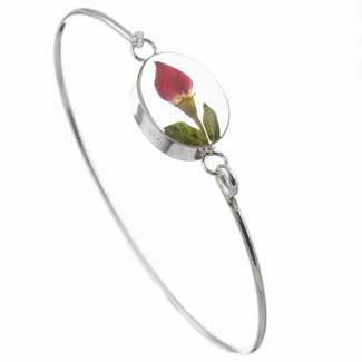 silver bangle set with a real miniature rose