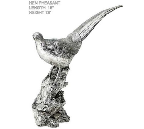 large silver model of a hen pheasant