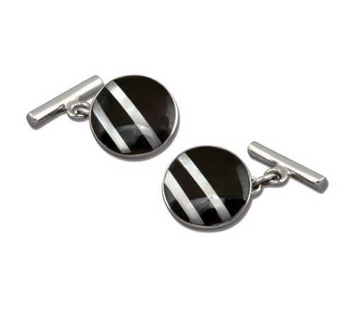 round silver cufflinks with onyx and mother of pearl