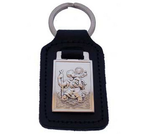 silver and leather st christopher key fob 
