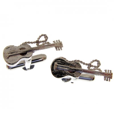 silver cufflinks with an acoustic guitar theme