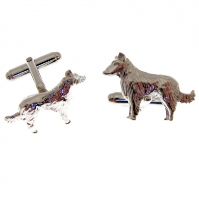 silver cufflinks with a collie dog theme