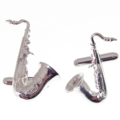 silver cuff links with a musical saxophone theme