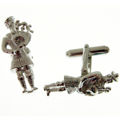 silver cufflinks with a scottish piper theme