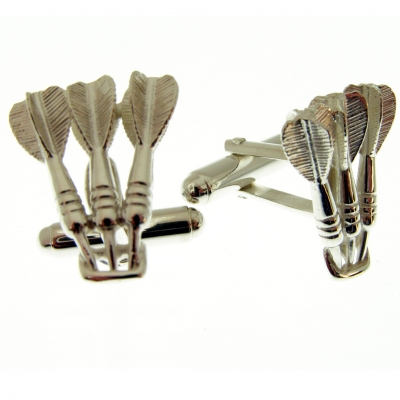 silver cufflinks with a darting theme of a set of darts