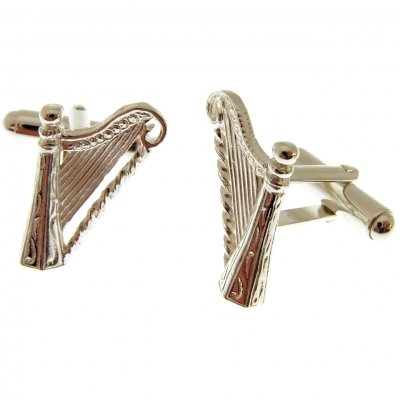 silver cufflinks with a welsh harp theme