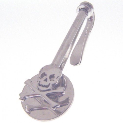 hallmarked silver napkin hook with a skull and crossbones