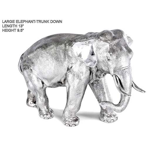 large silver elephant model with trunk down