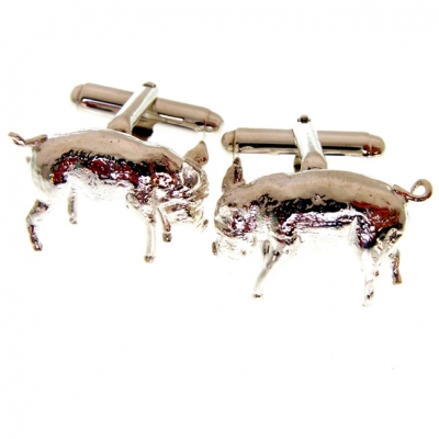 silver cufflinks have swivel fittings and have a pig theme