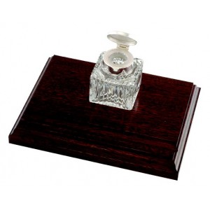 hallmarked silver and glass ink well on wooden base 